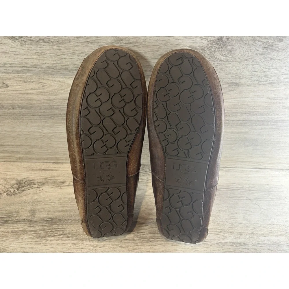 UGG Ascot 5379 Mens 15 Brown Leather Shearling Moccasin Loafer Slippers Comfort